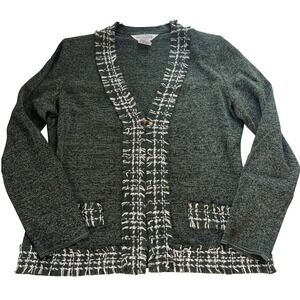 Misook Petite M Green Knit Jacket Tweed Trim Cardigan Blazer Quiet Luxury Preppy